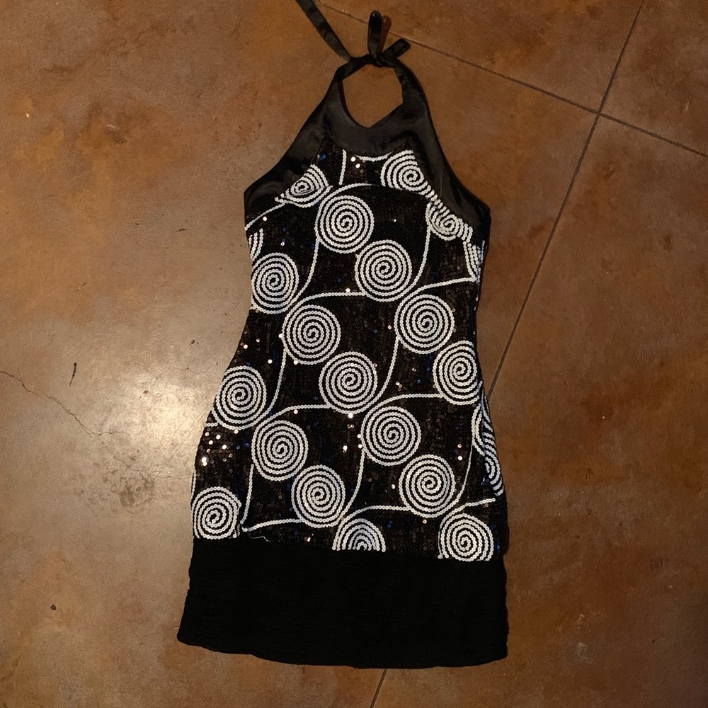 Cache black and white sequin halter dress